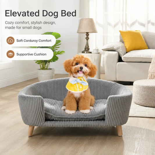 Small Dog Sofa Bed, Modern Elevated Pet Furniture with Corduroy Cushion & Wood Legs - Bond Well Supplies
