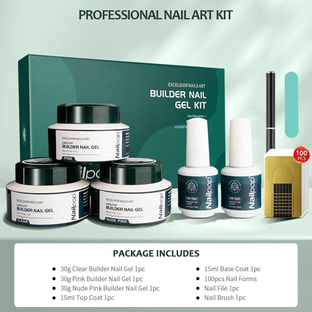 Professional Nailpop Builder Gel Set, 3-Color Pink, Nude & Clear Nail Gel for Manicure - Bond Well Supplies