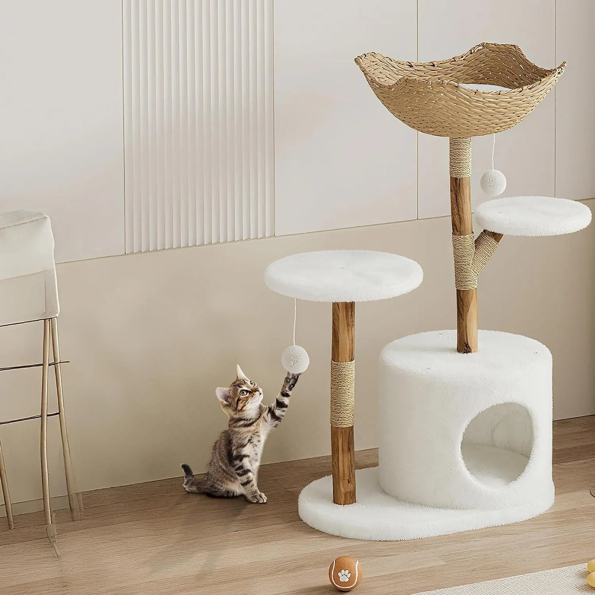 Large Rattan Cat Tree, 43-Inch Wooden Multi-Level Activity Center with Perches for Indoor Cats - Bond Well Supplies