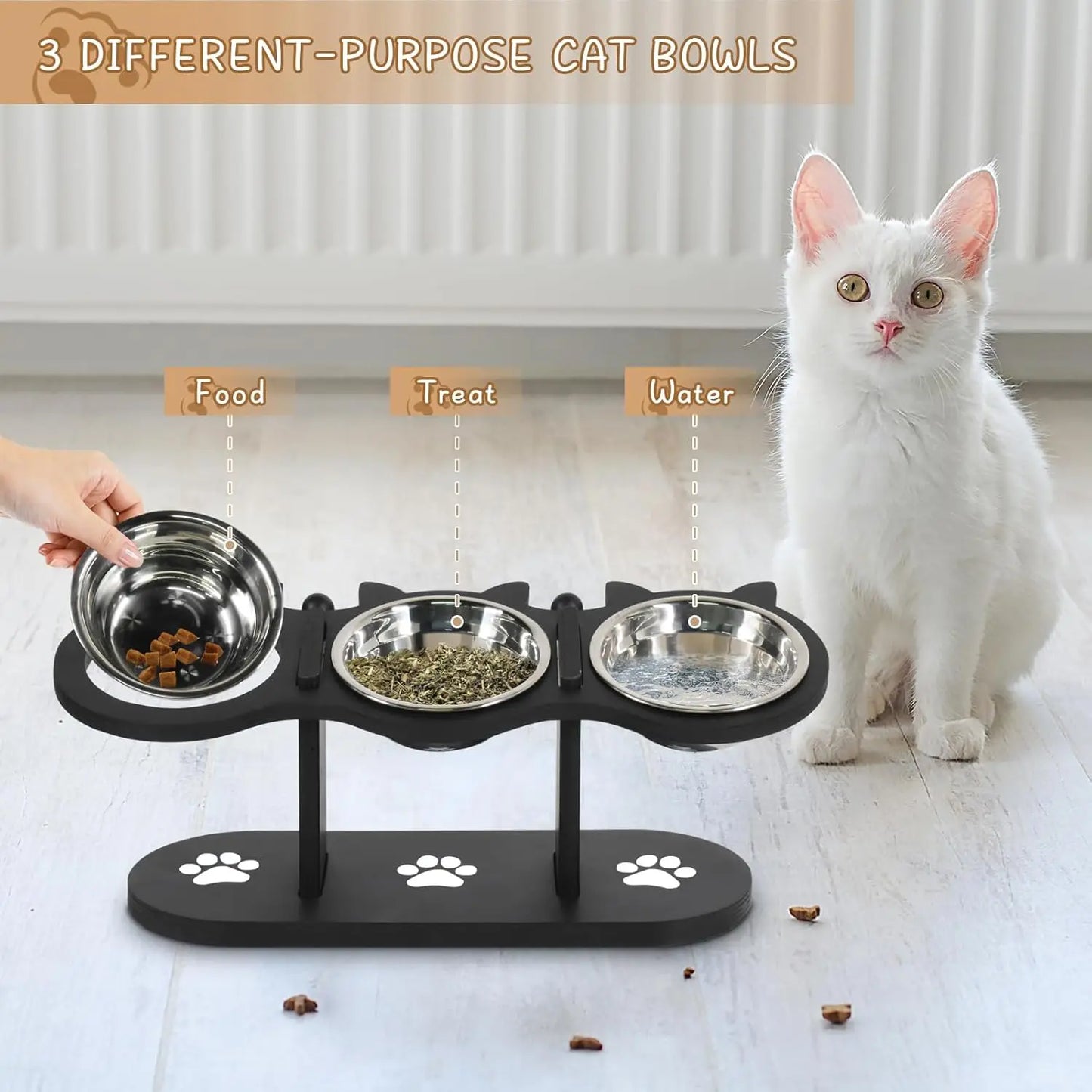 Adjustable Elevated Cat Feeder, Raised Food & Water Bowls with 3 Stainless Steel 15° Tilted Cat Dishes