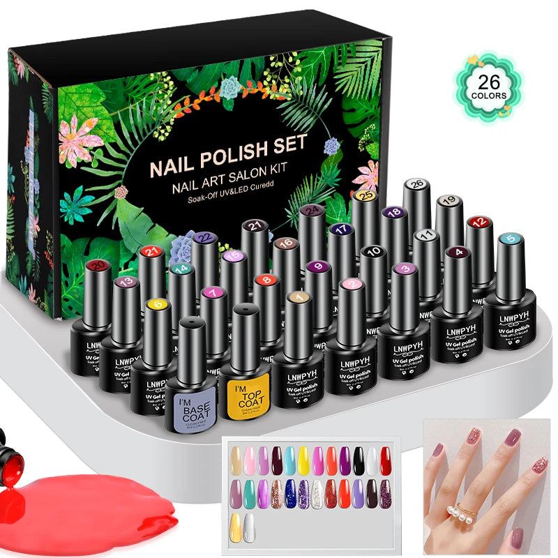 LNWPYH 26-Color Semi-Permanent Gel Polish Set, UV LED Soak-Off Nail Varnish with Base & Top Coat - Bond Well Supplies