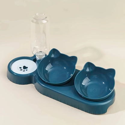 3-in-1 Pet Feeding Bowl with Gravity Water Bottle, Tilted Cat Food & Water Dish with Neck-Friendly Design - Bond Well Supplies