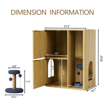 Multi-Functional Cat Litter Cabinet with Cat Tree, Hidden Litter Box Enclosure, Dual Doors & Storage Shelves for Home