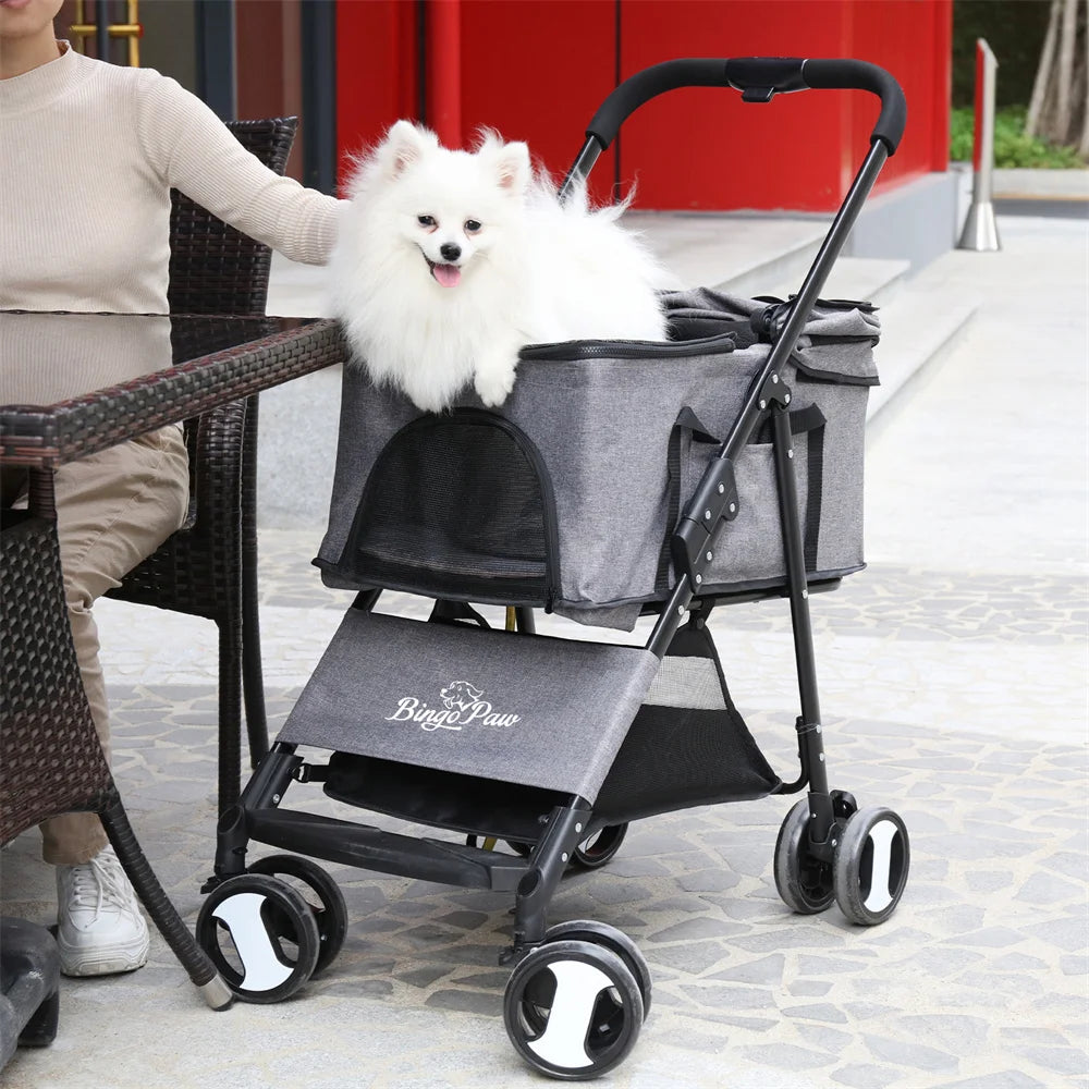 Foldable Pet Dog Stroller, 4-Wheel Travel Carrier for Dogs & Cats with Rain Cover