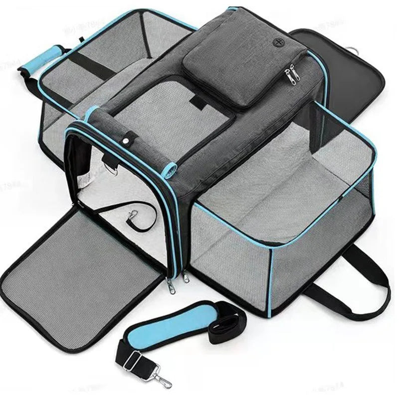 Expandable Pet Carrier for Cats & Small Dogs, Breathable Mesh Travel Tote with Luggage Strap for Car & Travel