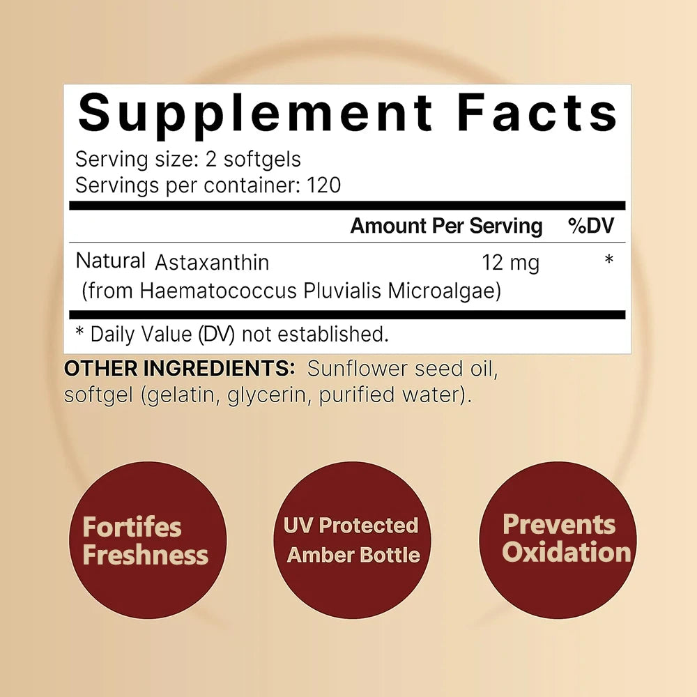 Natural Astaxanthin 12mg Antioxidant Supplement, 120 Count