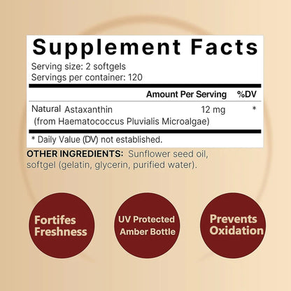 Natural Astaxanthin 12mg Antioxidant Supplement, 120 Count