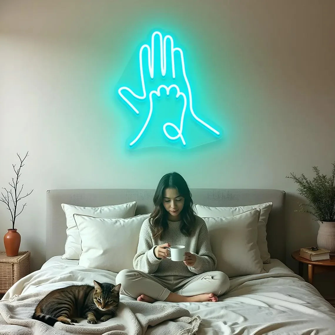 Human Hand and Paw Neon Sign, LED Hand to Paw Wall Light for Pet Lovers and Home Decor