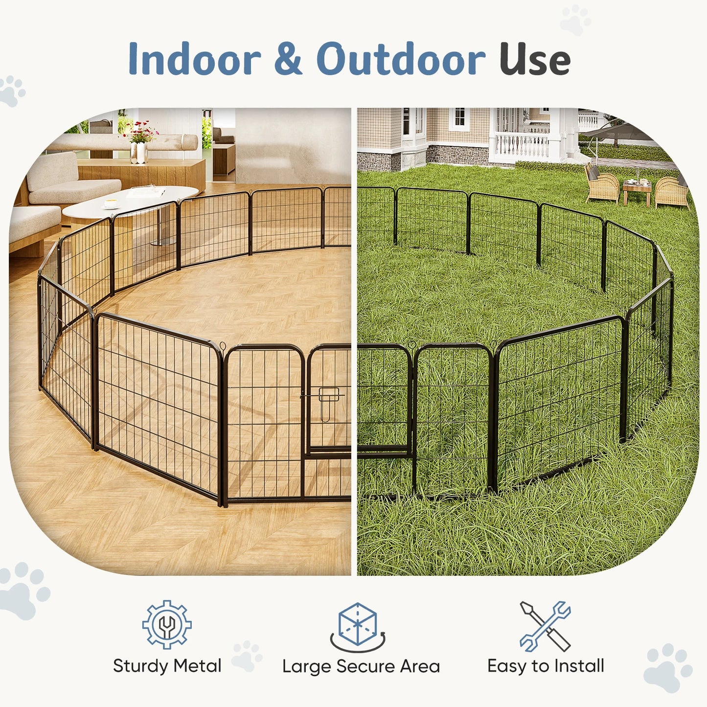 Large Foldable Dog Playpen, 16-Panel Metal Exercise Pen with Gate for Puppies and Dogs