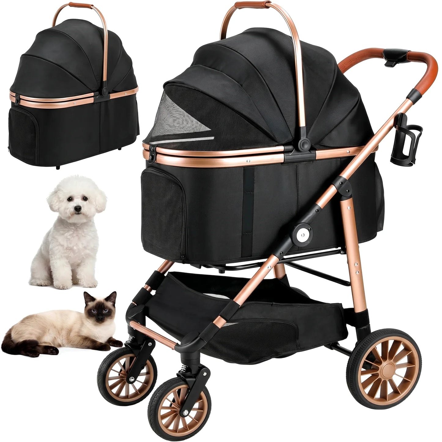 All-Terrain 3-in-1 Dog & Cat Stroller, Foldable Pet Carrier with Storage Basket & Cup Holder for Pets Up to 55 lbs