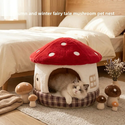 Semi-Enclosed Mushroom Cat House Bed, Warm Autumn Winter Pet Shelter for Cats, Kittens & Small Dogs Short Titles - Bond Well Supplies