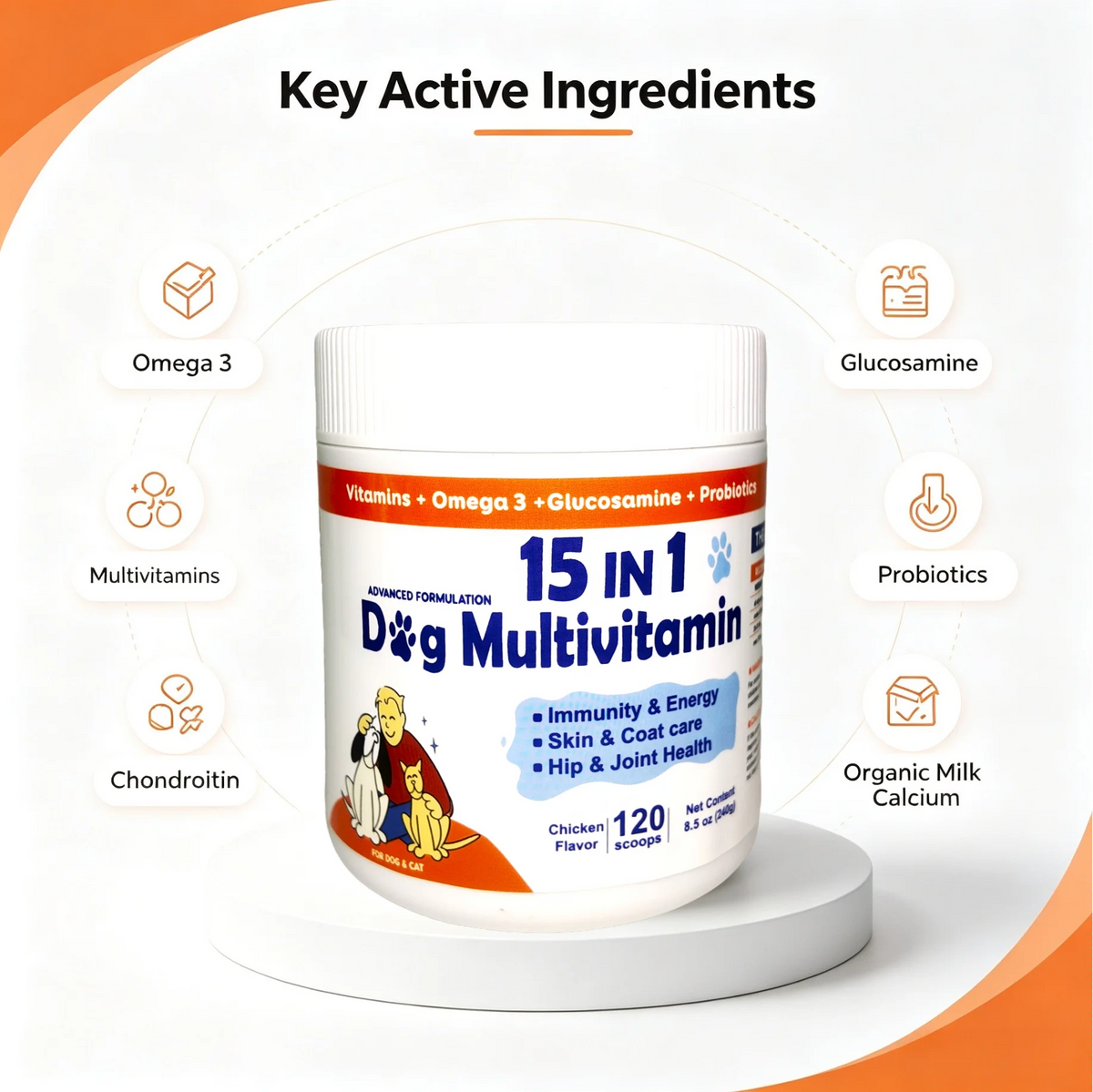 Dog Daily Health Supplement Powder, 15-in-1 Chicken Flavor Formula, 120 Scoops for Overall Wellness - Bond Well Supplies