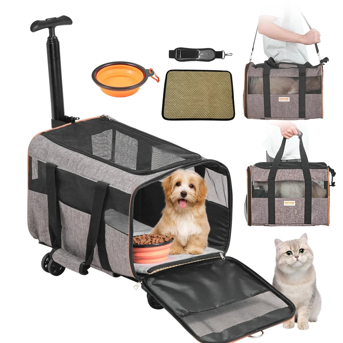 Airline-Approved Rolling Cat Carrier with Wheels, Telescopic Handle and Shoulder Strap