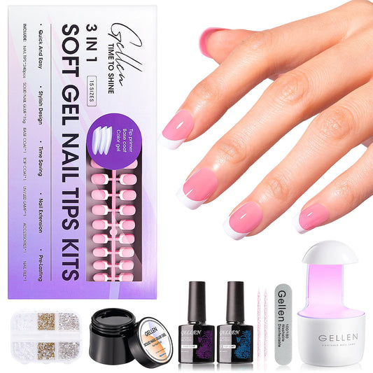 GELLEN Gel Nail Extension Set, Pink Short Square French Tip Press-On Nails with UV Lamp & Solid Glue Gel - Bond Well Supplies