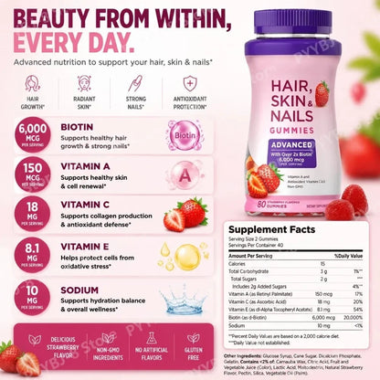 Strawberry Biotin Gummies 6000mcg, Vitamin Support Supplement for Healthy-Looking Hair, Skin & Nails, 80 Count - Bond Well Supplies