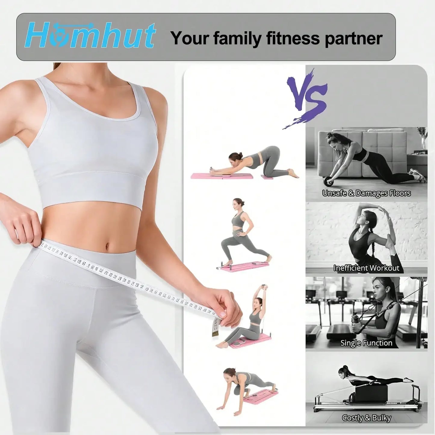Foldable Pilates Sliding Board with Resistance Bands for Full Body Home Workouts