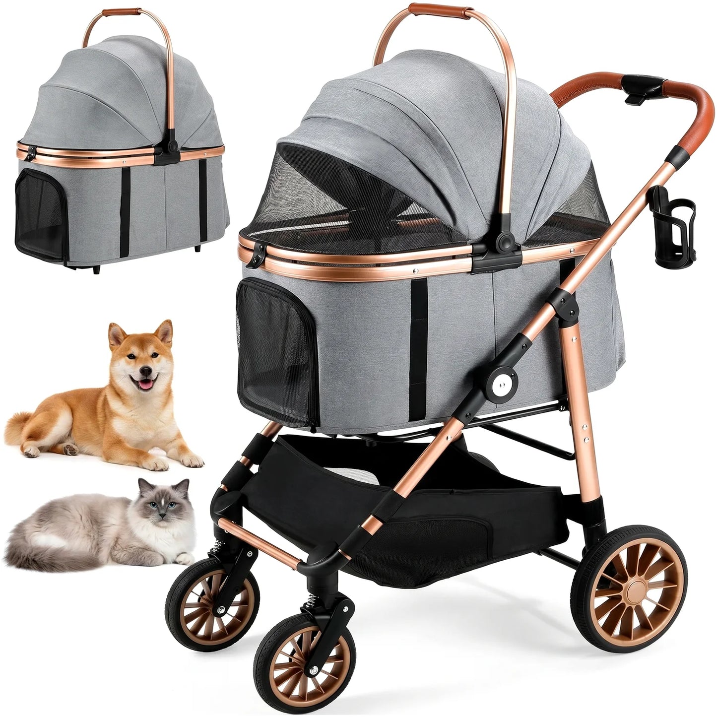 All-Terrain 3-in-1 Dog & Cat Stroller, Foldable Pet Carrier with Storage Basket & Cup Holder for Pets Up to 55 lbs