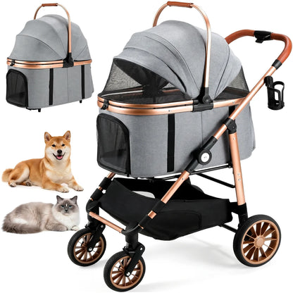 All-Terrain 3-in-1 Dog & Cat Stroller, Foldable Pet Carrier with Storage Basket & Cup Holder for Pets Up to 55 lbs
