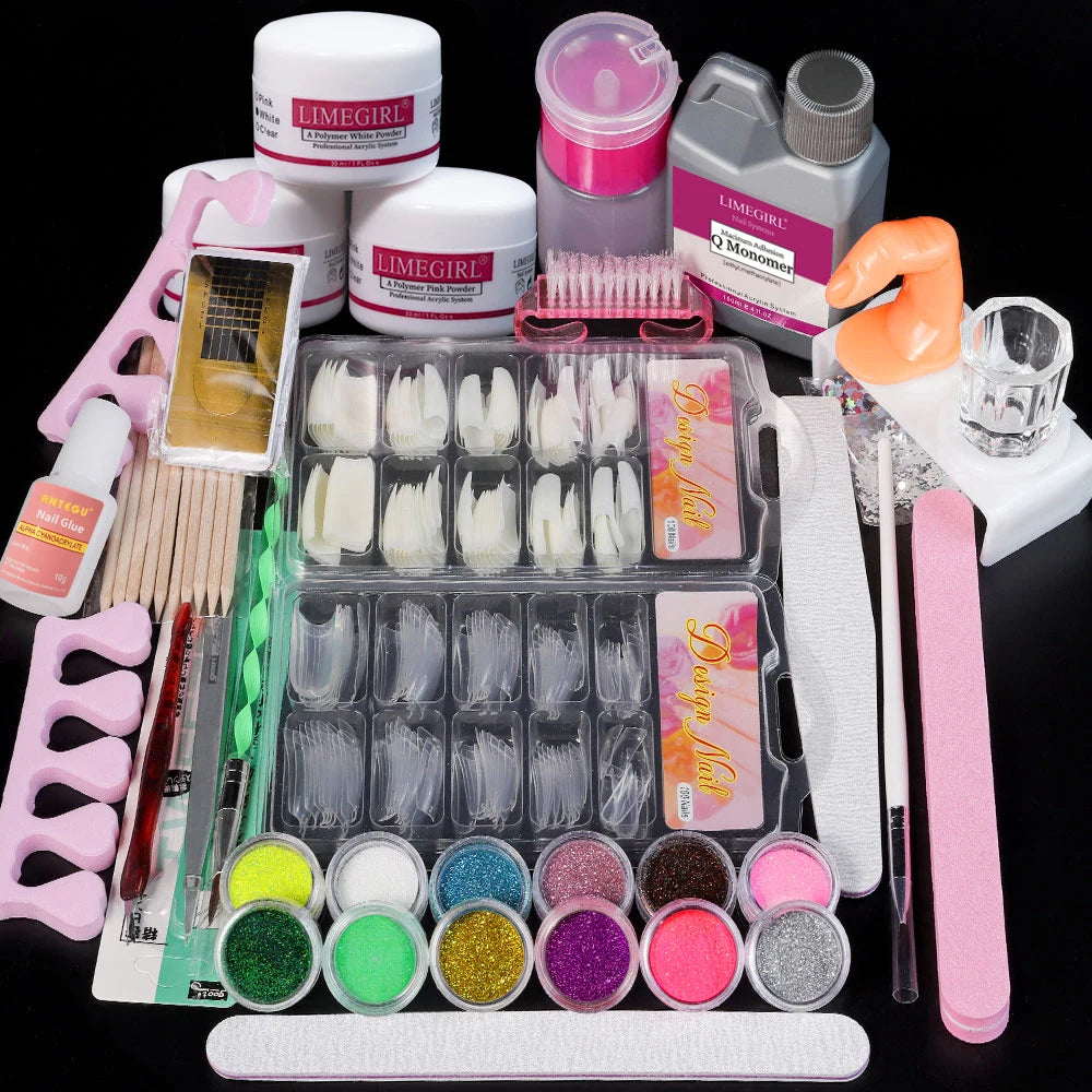 Professional Acrylic Nail Extension Kit, Powder & Liquid Monomer with Crystal Glitter, 3D Nail Tips & Art Tools - Bond Well Supplies