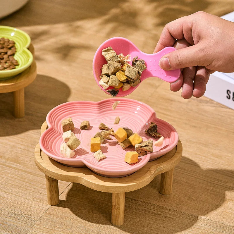 Ceramic Cat Bowl with Wooden Stand, Elevated Shallow Food Dish with Bow Knot Design for Cats and Small Pets