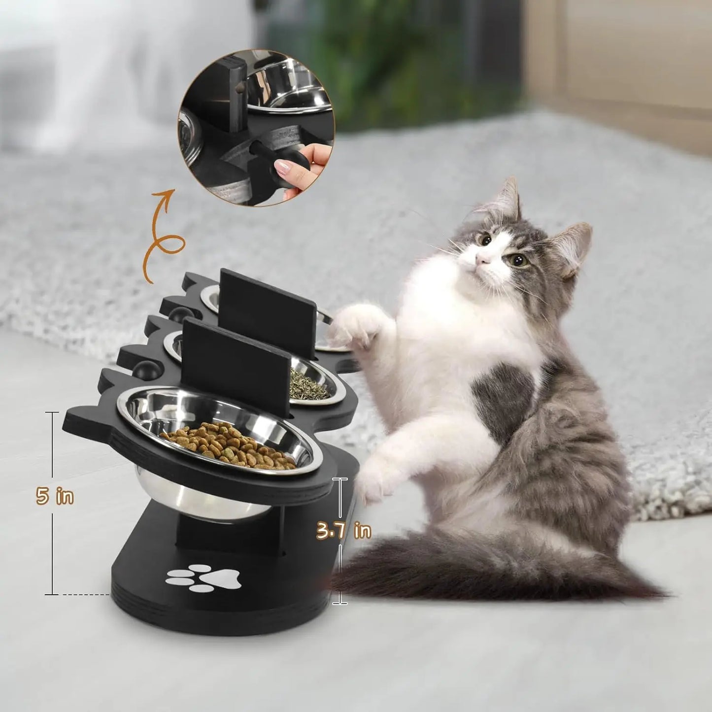 Adjustable Elevated Cat Feeder, Raised Food & Water Bowls with 3 Stainless Steel 15° Tilted Cat Dishes