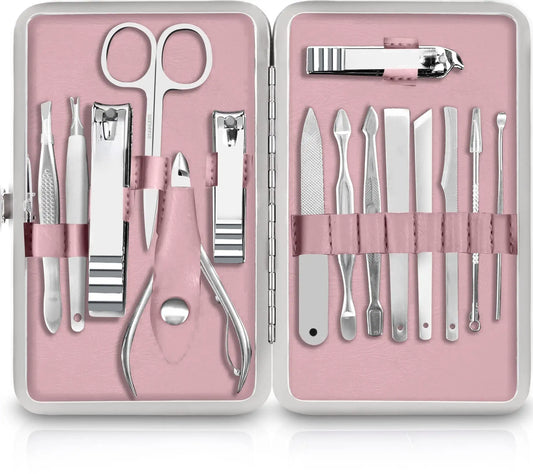 Professional Manicure & Pedicure Set, 15-Piece Nail Clippers & Nail Care Tools with Travel Case, Purple - Bond Well Supplies