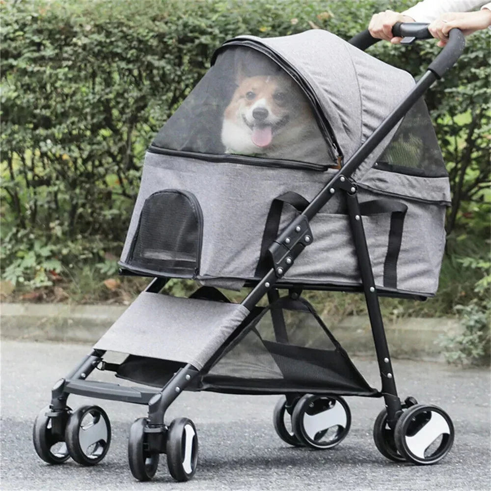 Foldable Pet Dog Stroller, 4-Wheel Travel Carrier for Dogs & Cats with Rain Cover