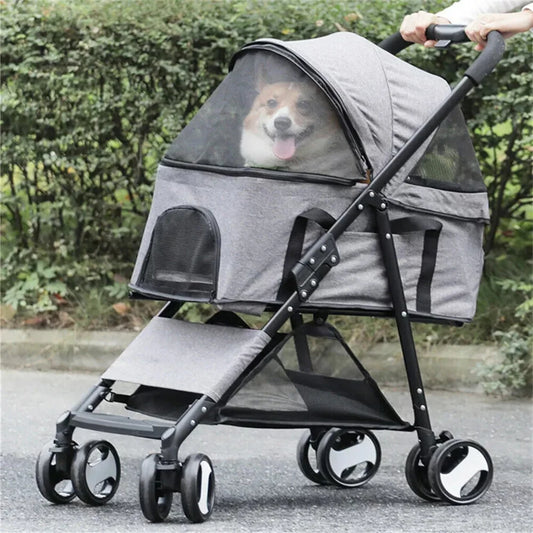 Foldable Pet Dog Stroller, 4-Wheel Travel Carrier for Dogs & Cats with Rain Cover