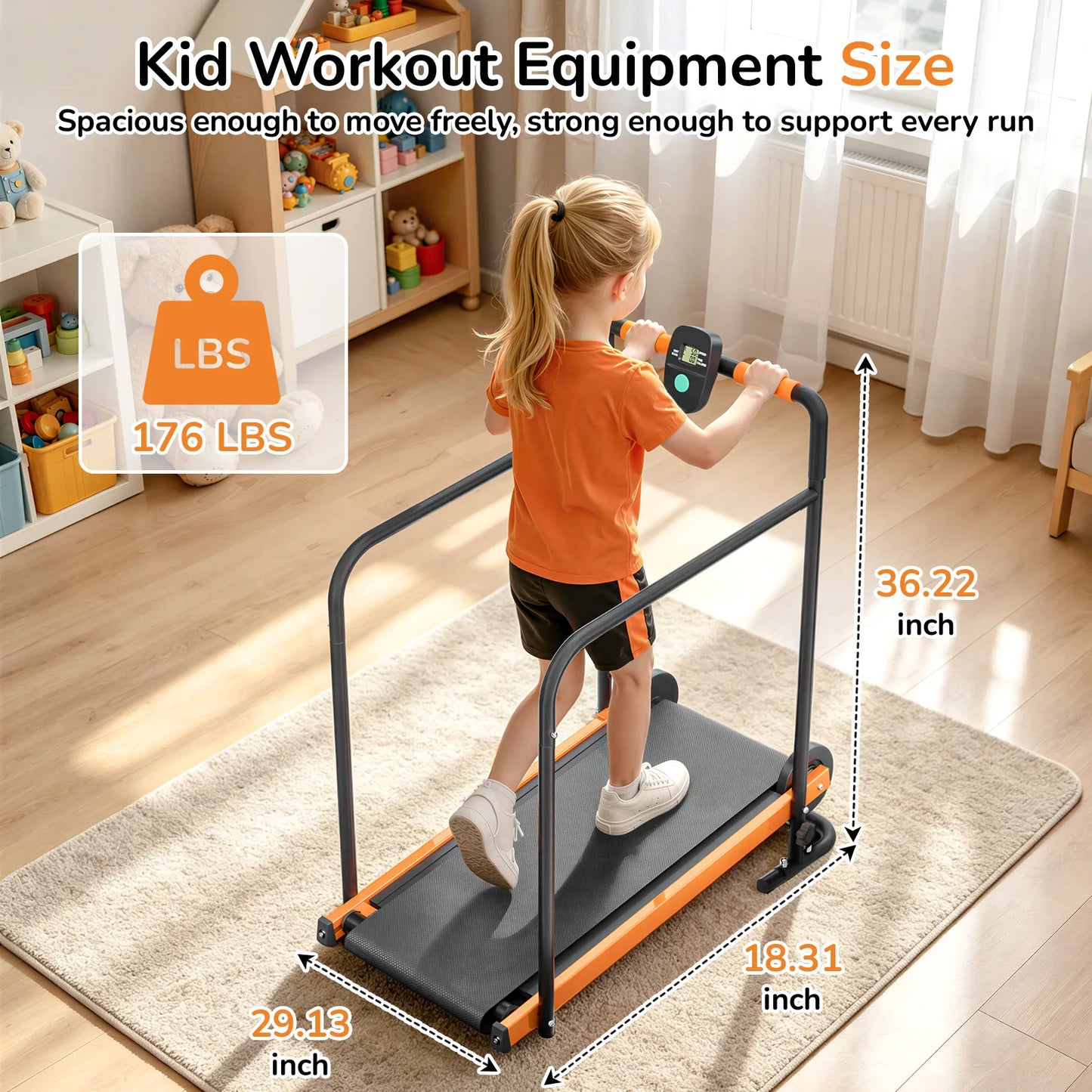 Kids Self-Propelled Walking Pad Treadmill, Non-Electric Indoor Exercise Equipment with Padded Front Handlebar