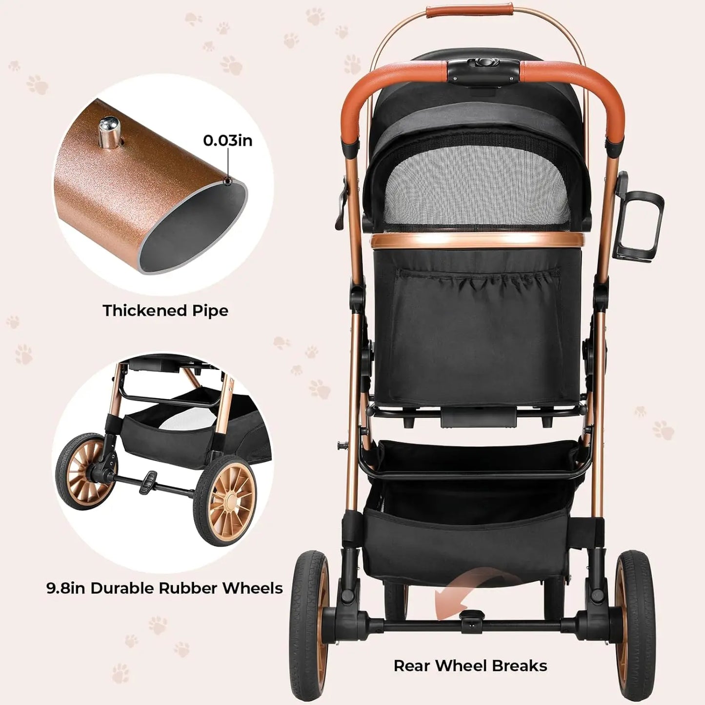 All-Terrain 3-in-1 Dog & Cat Stroller, Foldable Pet Carrier with Storage Basket & Cup Holder for Pets Up to 55 lbs