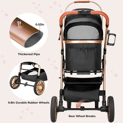 All-Terrain 3-in-1 Dog & Cat Stroller, Foldable Pet Carrier with Storage Basket & Cup Holder for Pets Up to 55 lbs
