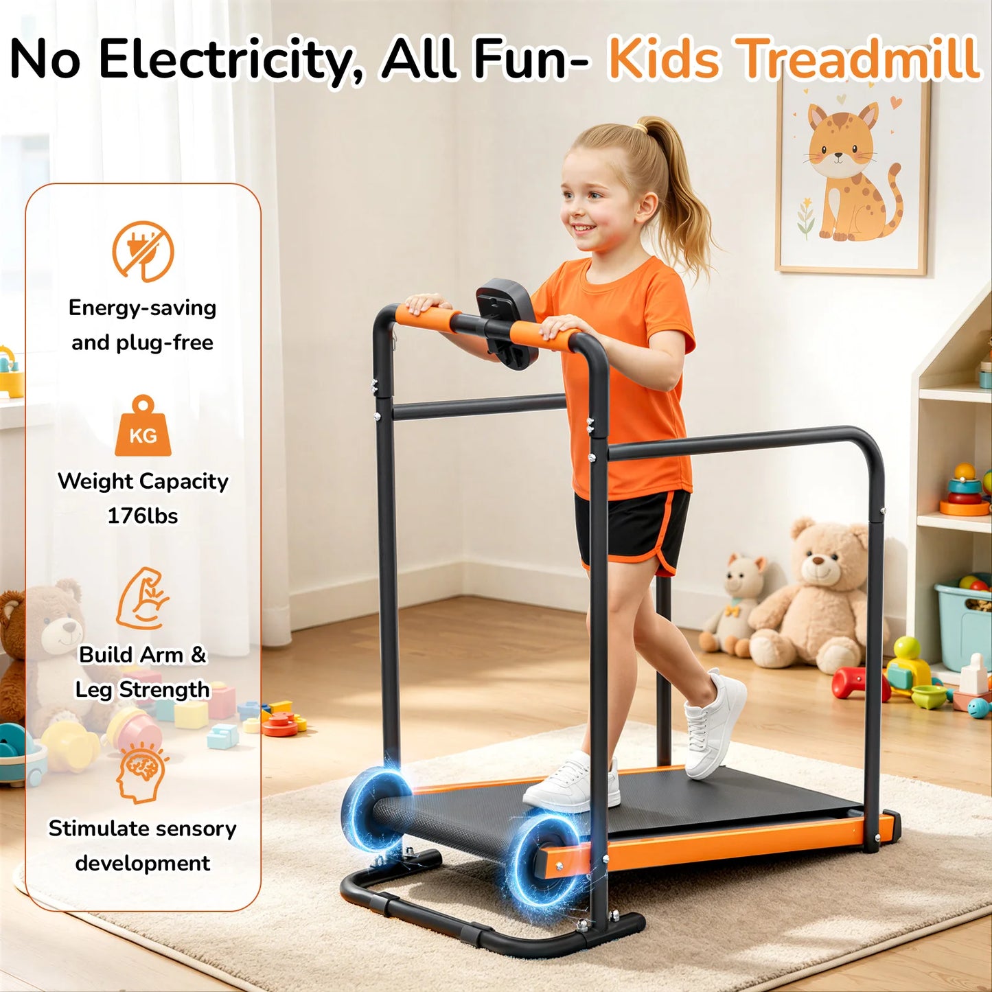 Kids Self-Propelled Walking Pad Treadmill, Non-Electric Indoor Exercise Equipment with Padded Front Handlebar