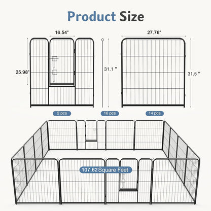 Large Foldable Dog Playpen, 16-Panel Metal Exercise Pen with Gate for Puppies and Dogs