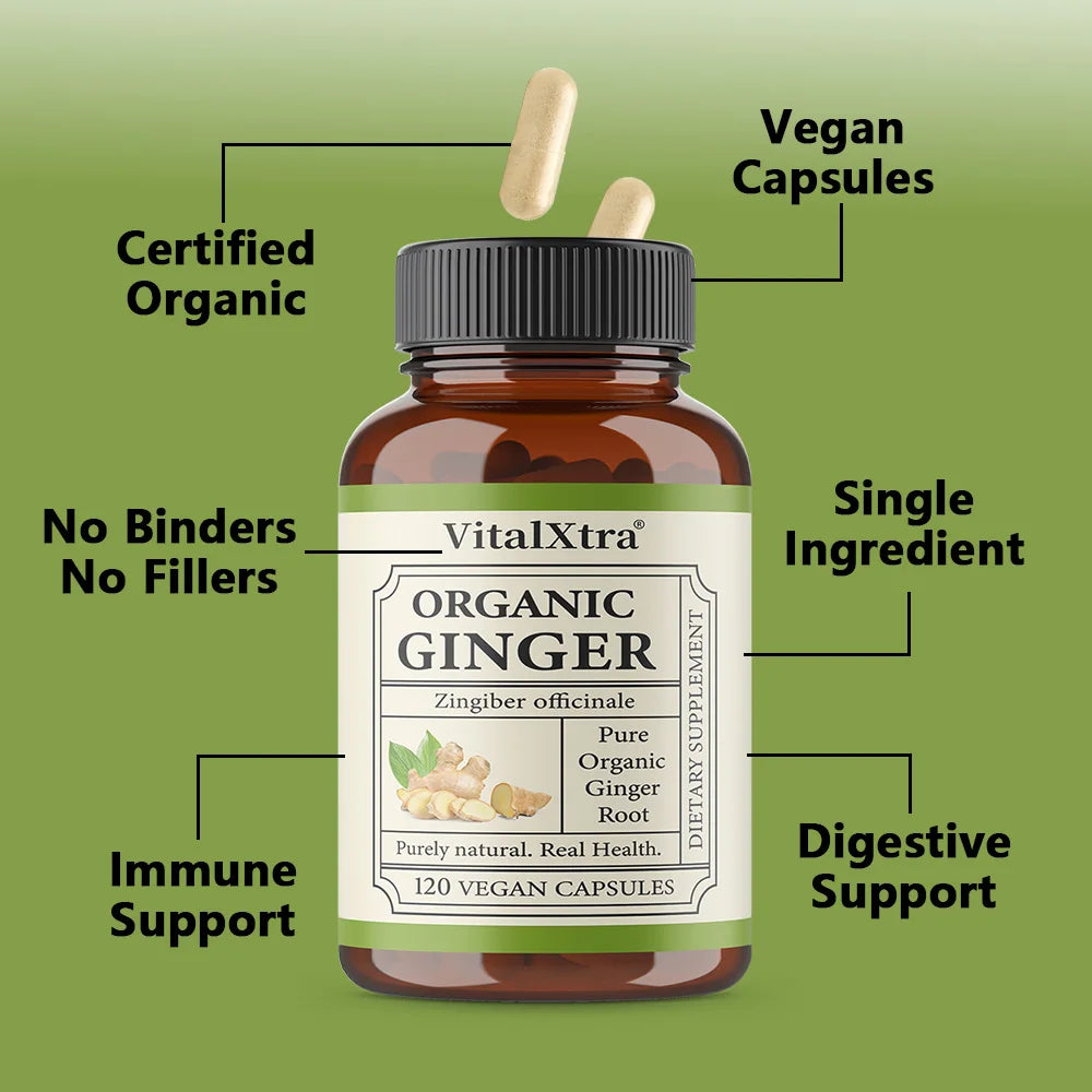 Organic Ginger Root Capsules, 950mg, Digestive Support Supplement, 120 Vegan Capsules