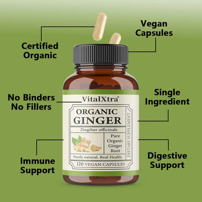 Organic Ginger Root Capsules, 950mg, Digestive Support Supplement, 120 Vegan Capsules