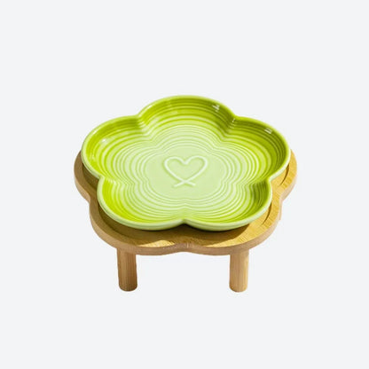 Ceramic Cat Bowl with Wooden Stand, Elevated Shallow Food Dish with Bow Knot Design for Cats and Small Pets