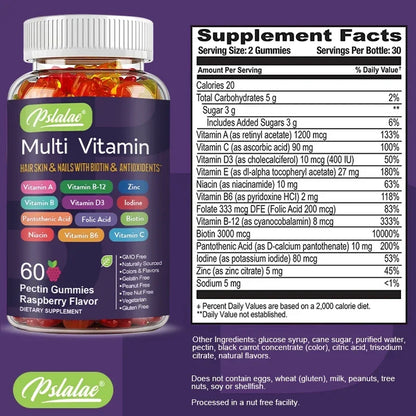 Multivitamin Dietary Gummies, Daily Energy, Skin, Hair & Nail Care with Immune Support - Bond Well Supplies