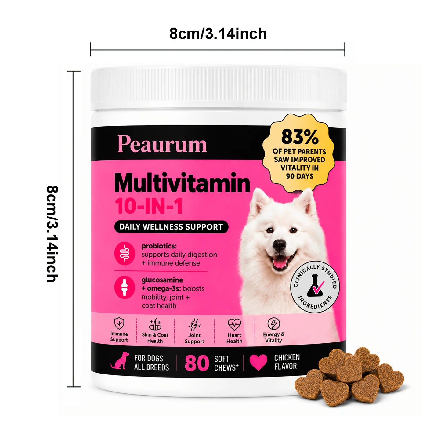 Peaurum 10-in-1 Multivitamin Chewable Tablets for Dogs, Chicken Flavor, 80 Count