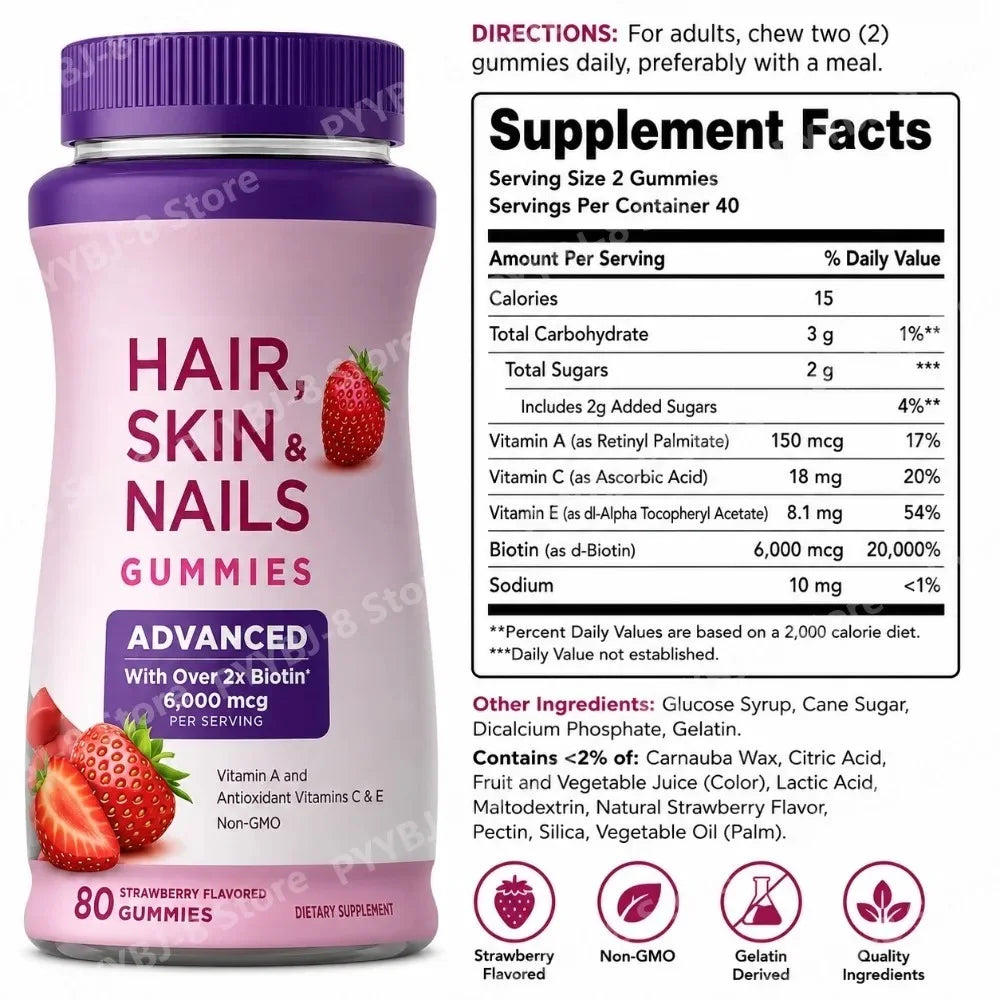 Strawberry Biotin Gummies 6000mcg, Vitamin Support Supplement for Healthy-Looking Hair, Skin & Nails, 80 Count - Bond Well Supplies