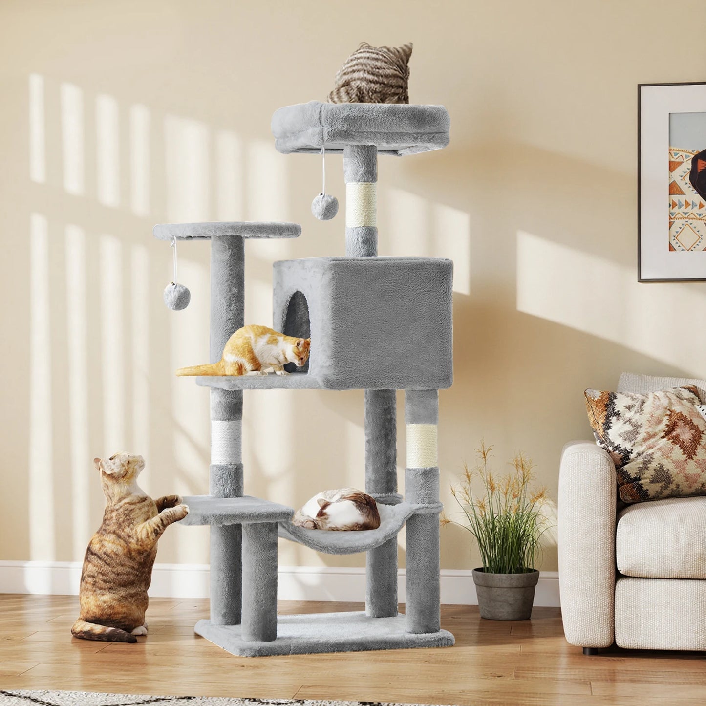 44-Inch Multi-Cat Climbing Tower, JHK Indoor Cat Tree with Natural Sisal Scratching Posts & Stable Cat House
