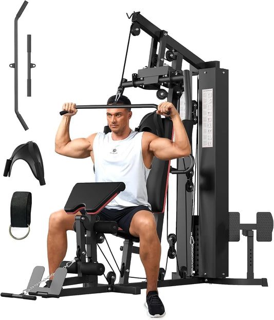Multifunctional Strength Training Machine, 150 LBS Weight Stack with Leg Press & Preacher Curl Station