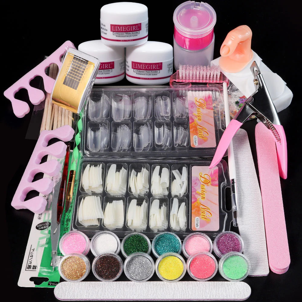 Professional Acrylic Nail Extension Kit, Powder & Liquid Monomer with Crystal Glitter, 3D Nail Tips & Art Tools - Bond Well Supplies