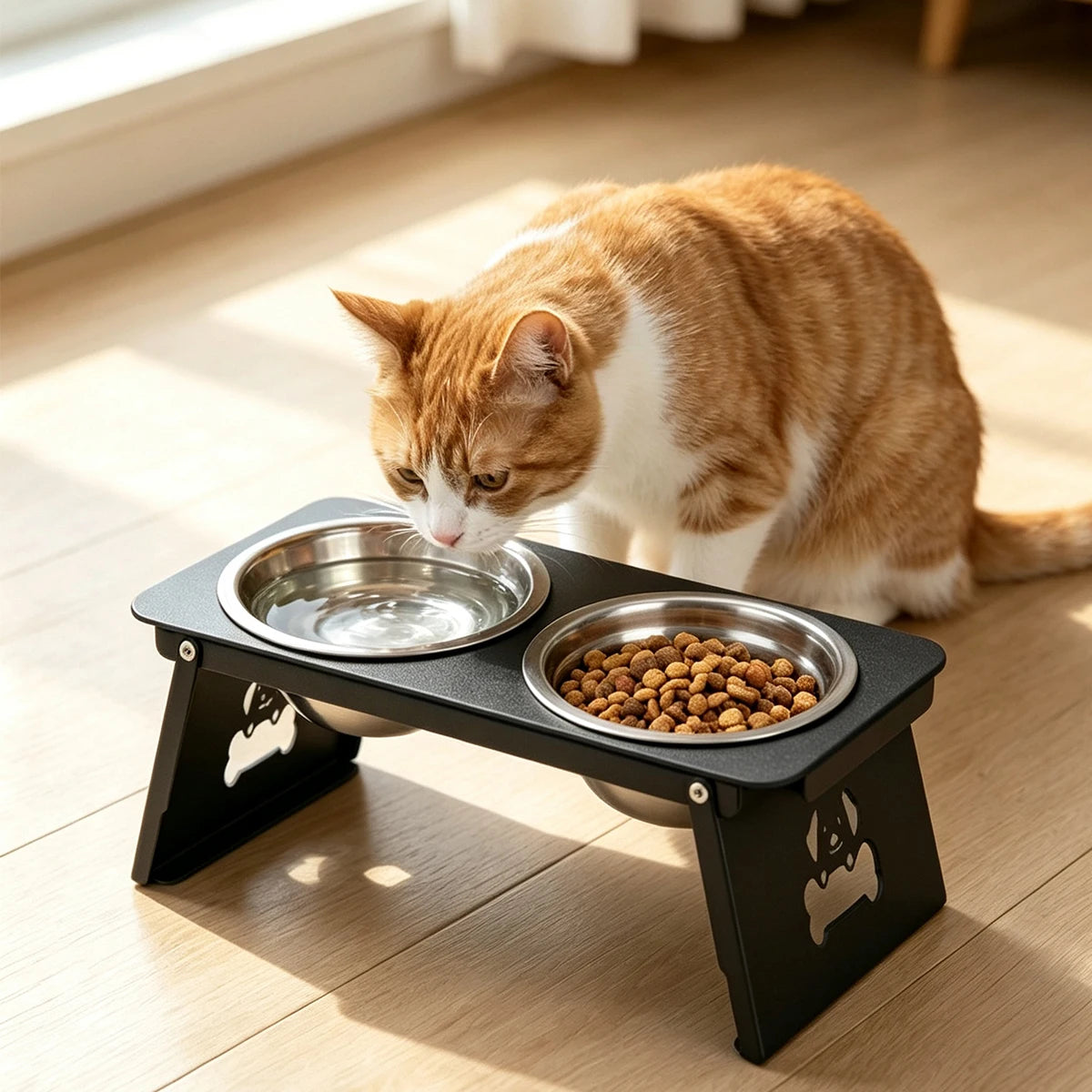 Elevated Cat & Dog Bowl, Stainless Steel Double Bowls with 15° Tilted Metal Bracket for Small Pets - Bond Well Supplies